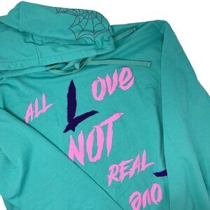 Reckless Risk NWT All Love‎ Teal Hoodie Sparkle Spider Web Hood Unisex Size L